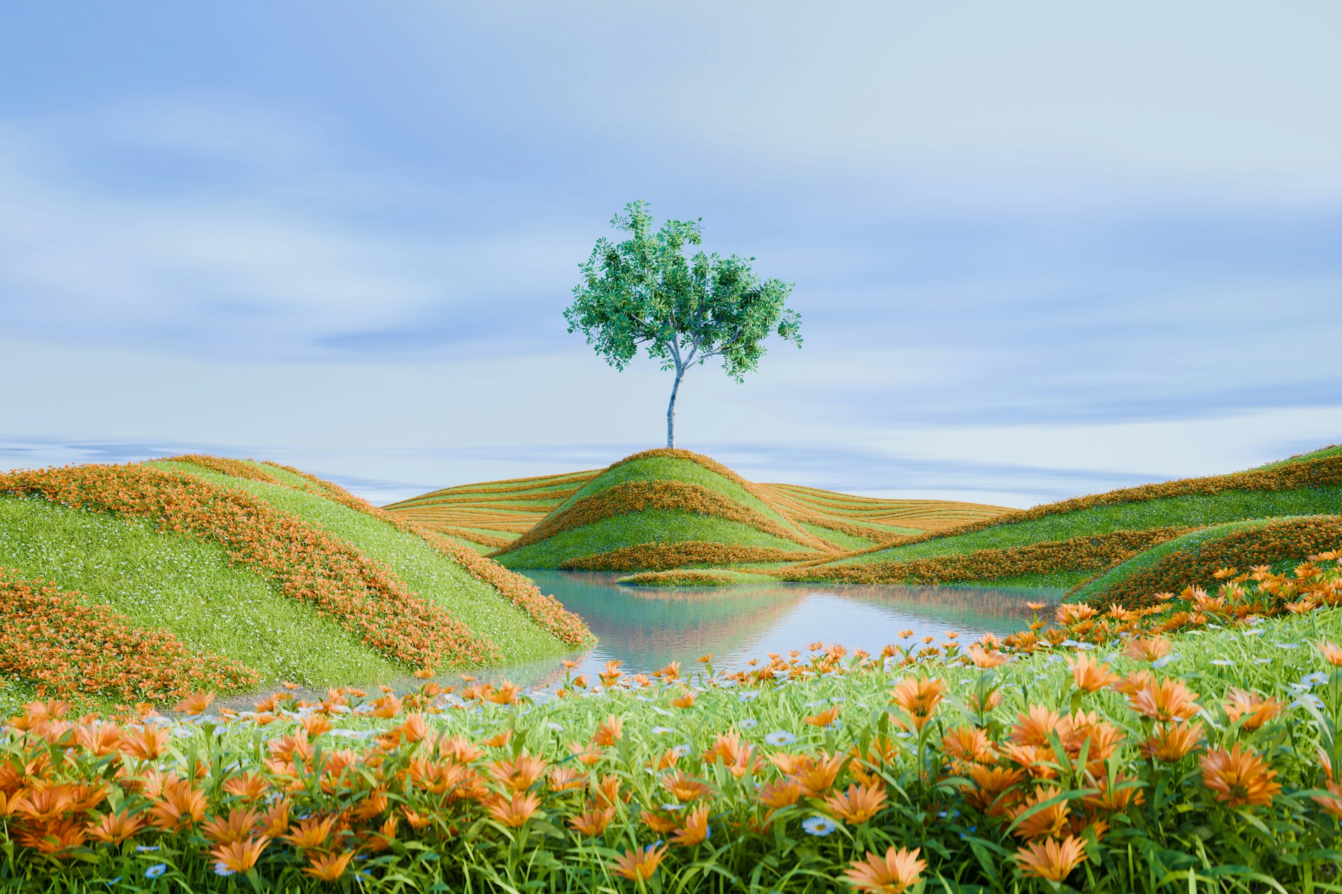 Campo con un arbol en el centro que simboliza crecimiento.